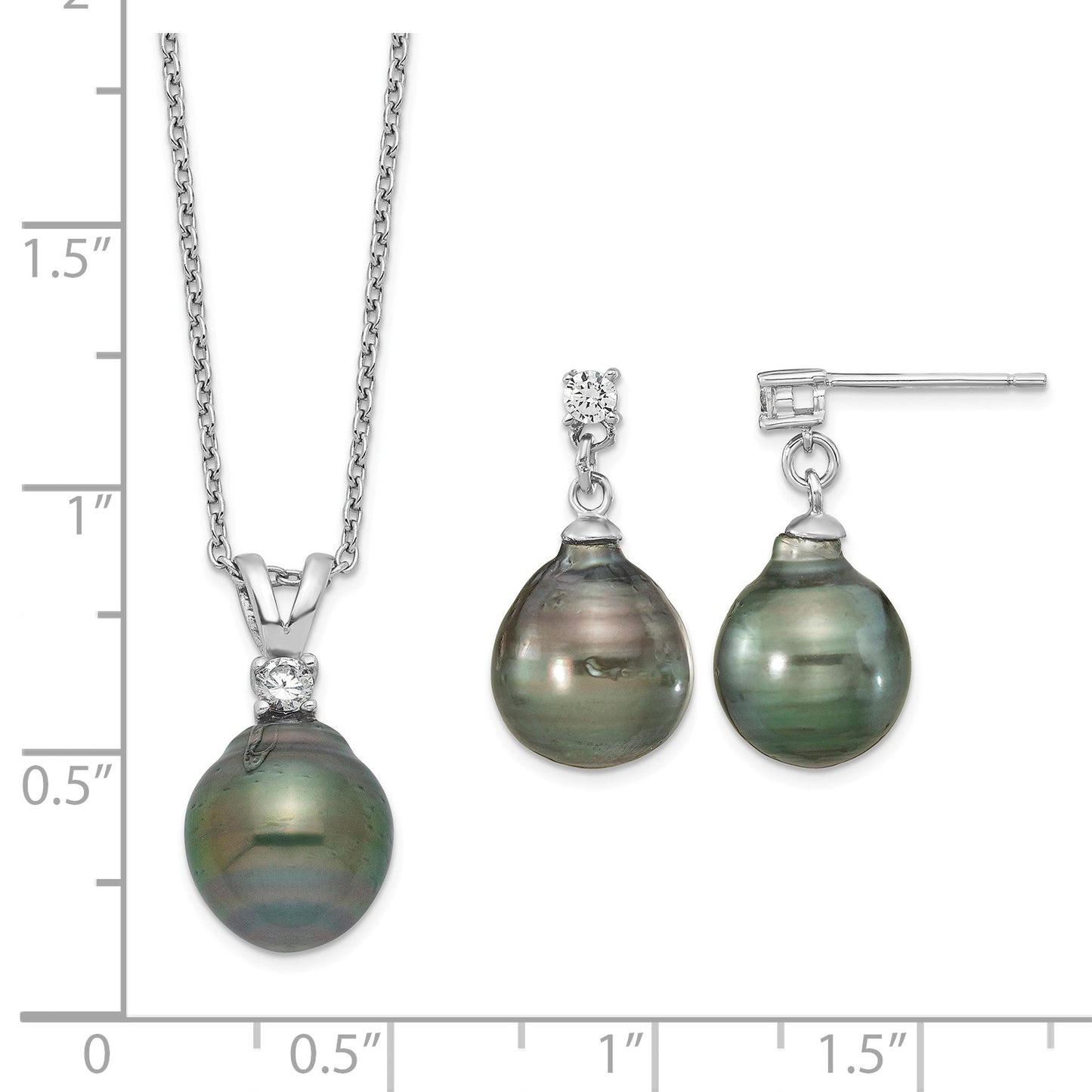 Sterling Silver Rhodium-plated 9-10mm Black Teardrop Tahitian Saltwater Cultured Pearl and CZ 17 inch Necklace and Post Dangle Earrings Set