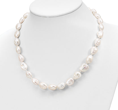 Sterling Silver Rhodium-plated 11x14mm White Keshi Freshwater Cultured Pearl 18 inch Necklace