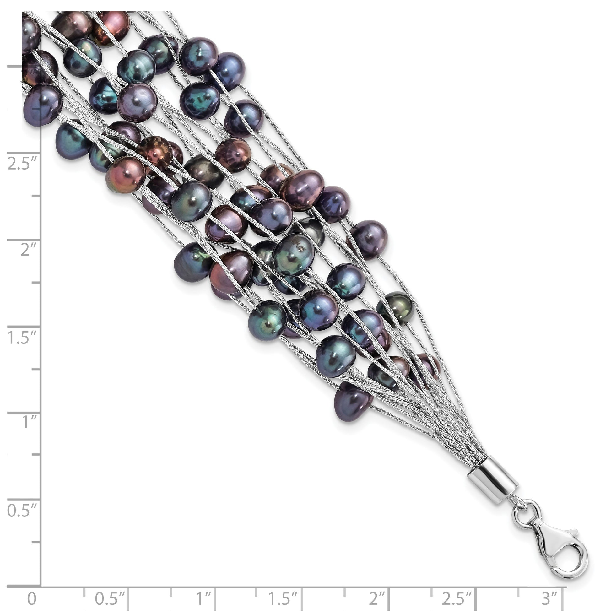 Sterling Silver Rhodium-plated 6-7mm Black Semi-Round Freshwater Cultured Pearl Multi Strand 7.5 inch Bracelet