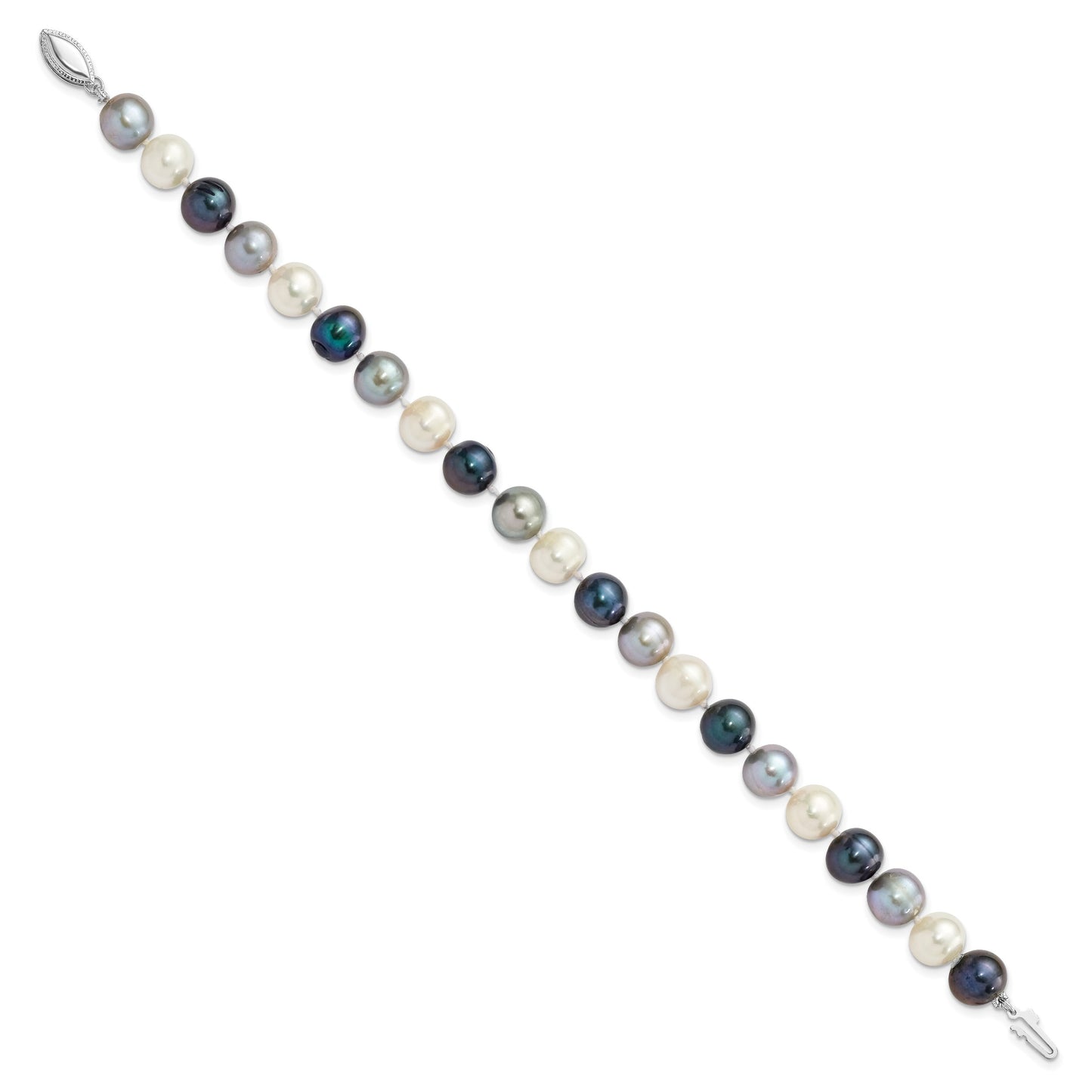 Sterling Silver Rhodium-plated 8-9mm Black, Green and White Semi-Round Freshwater Cultured Pearl 7.5 inch Bracelet
