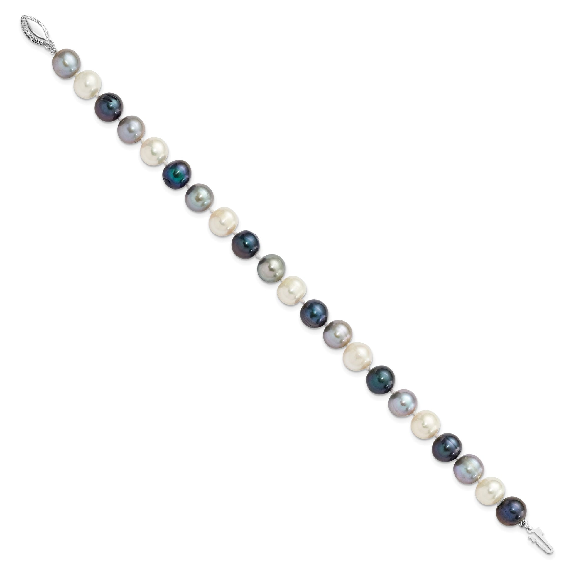 Sterling Silver Rhodium-plated 8-9mm Black, Green and White Semi-Round Freshwater Cultured Pearl 7.5 inch Bracelet