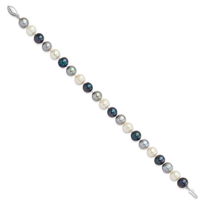 Sterling Silver Rhodium-plated 8-9mm Black, Green and White Semi-Round Freshwater Cultured Pearl 7.5 inch Bracelet