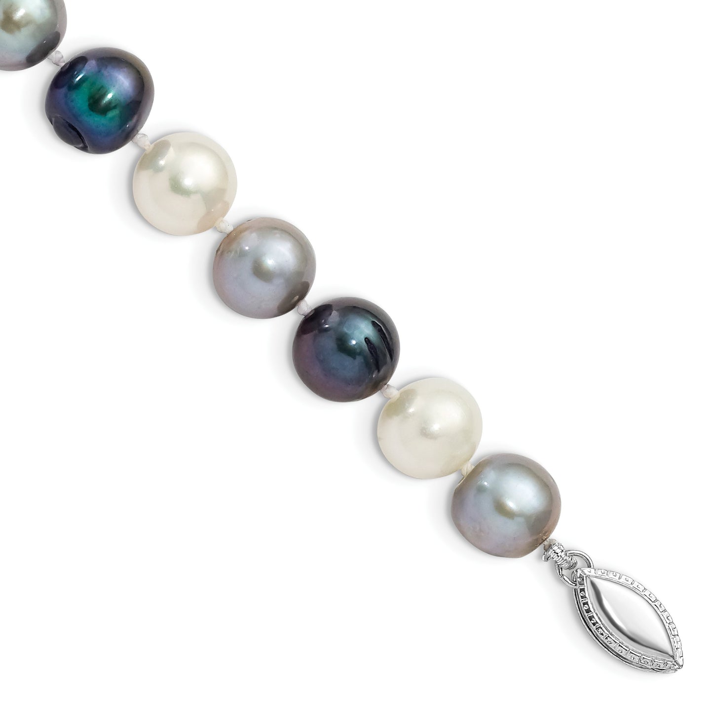 Sterling Silver Rhodium-plated 8-9mm Black, Green and White Semi-Round Freshwater Cultured Pearl 7.5 inch Bracelet