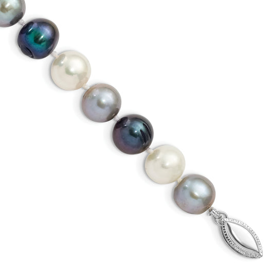 Sterling Silver Rhodium-plated 8-9mm Black, Green and White Semi-Round Freshwater Cultured Pearl 7.5 inch Bracelet