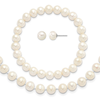 Sterling Silver Rhodium-plated 7-8mm White Near-Round Freshwater Cultured Pearl 18 inch Necklace, Stretch Bracelet and Button Post Earrings Set
