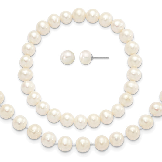 Sterling Silver Rhodium-plated 7-8mm White Near-Round Freshwater Cultured Pearl 18 inch Necklace, Stretch Bracelet and Button Post Earrings Set
