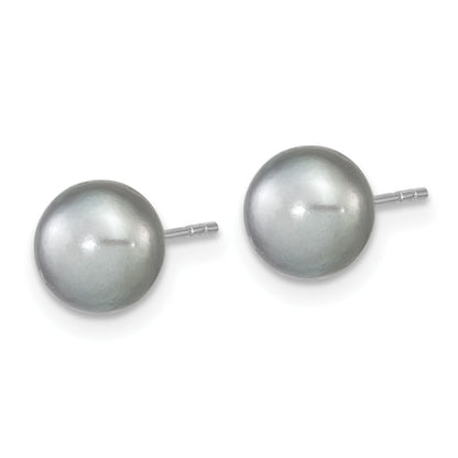 Sterling Silver Rhodium-plated 7-8mm Grey Near-Round Freshwater Cultured Pearl 18 inch Necklace, Stretch Bracelet and Button Post Earrings Set