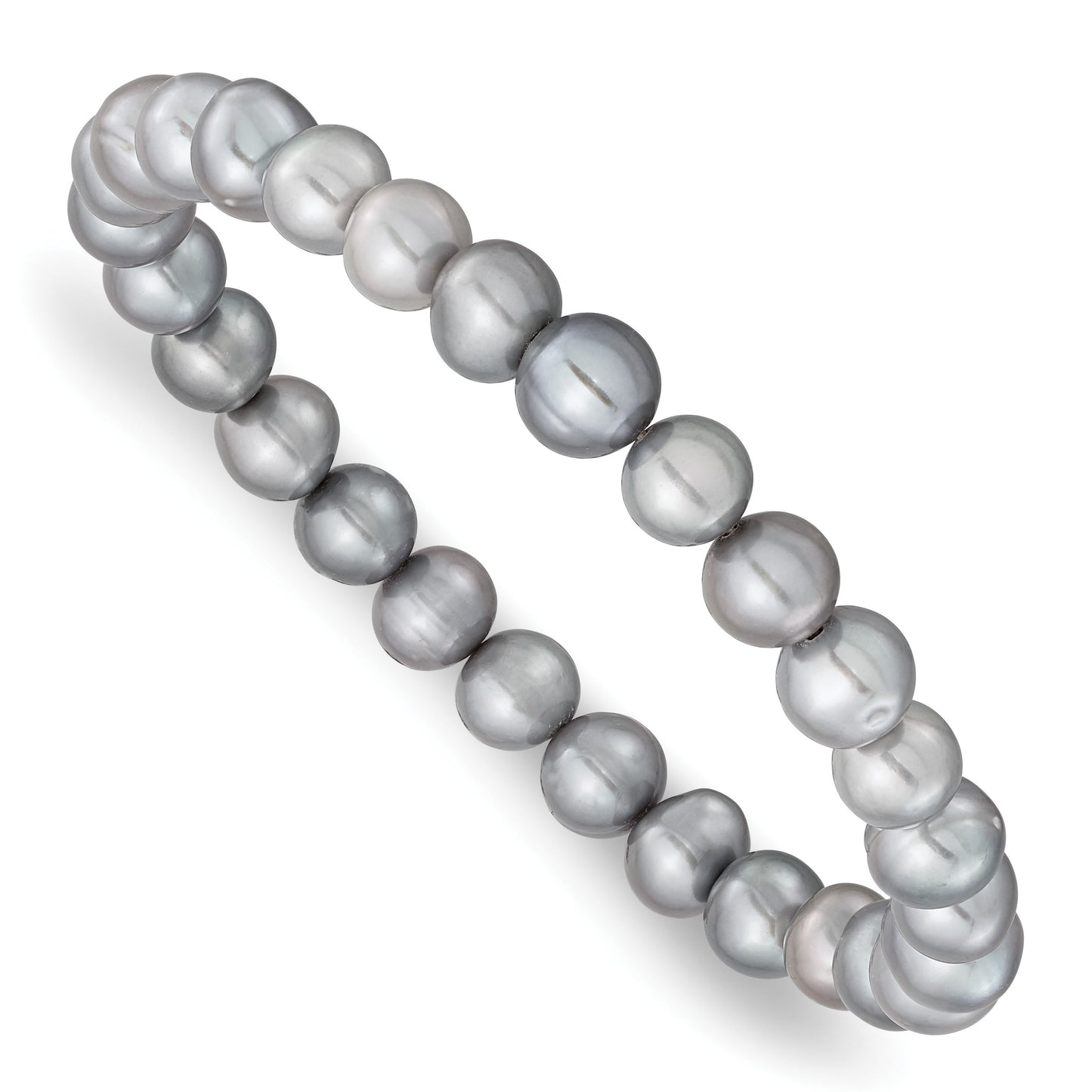 Sterling Silver Rhodium-plated 7-8mm Grey Near-Round Freshwater Cultured Pearl 18 inch Necklace, Stretch Bracelet and Button Post Earrings Set