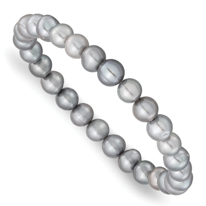 Sterling Silver Rhodium-plated 7-8mm Grey Near-Round Freshwater Cultured Pearl 18 inch Necklace, Stretch Bracelet and Button Post Earrings Set