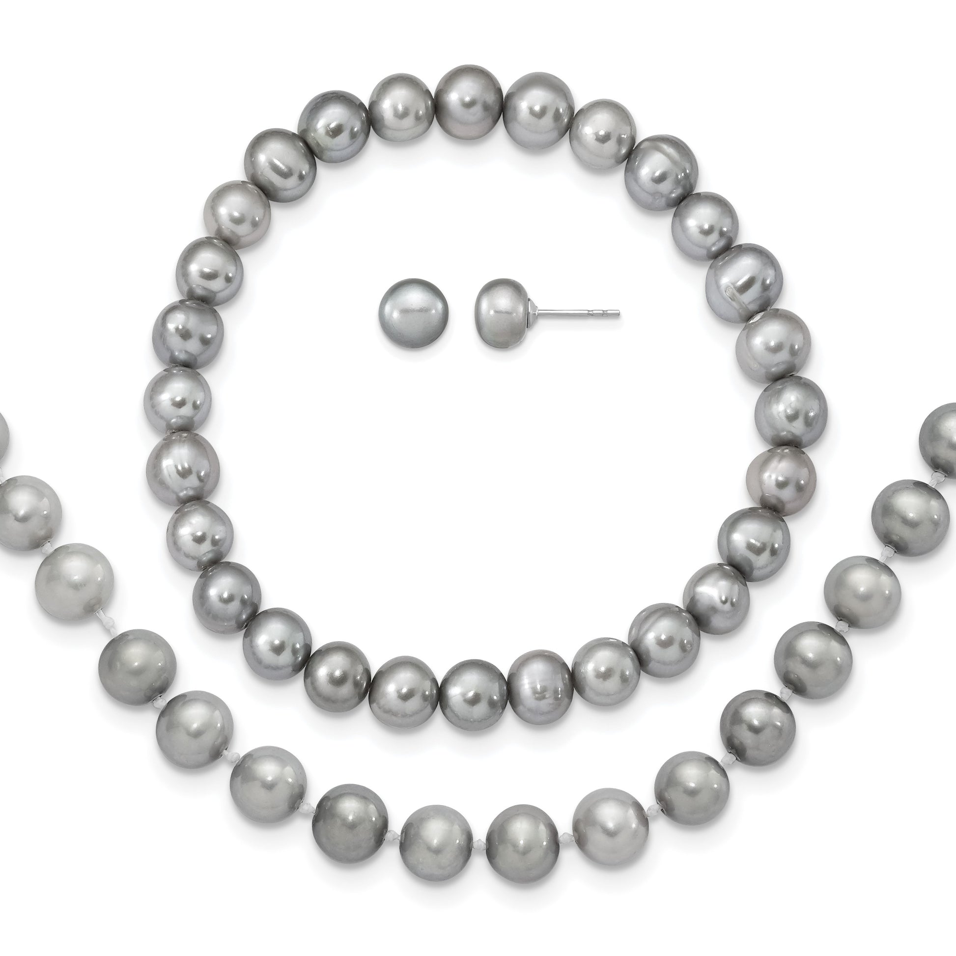 Sterling Silver Rhodium-plated 7-8mm Grey Near-Round Freshwater Cultured Pearl 18 inch Necklace, Stretch Bracelet and Button Post Earrings Set