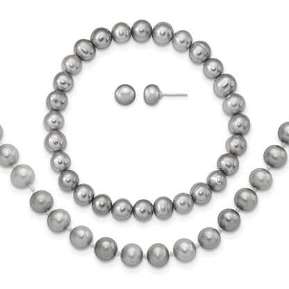 Sterling Silver Rhodium-plated 7-8mm Grey Near-Round Freshwater Cultured Pearl 18 inch Necklace, Stretch Bracelet and Button Post Earrings Set