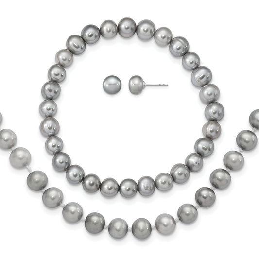 Sterling Silver Rhodium-plated 7-8mm Grey Near-Round Freshwater Cultured Pearl 18 inch Necklace, Stretch Bracelet and Button Post Earrings Set