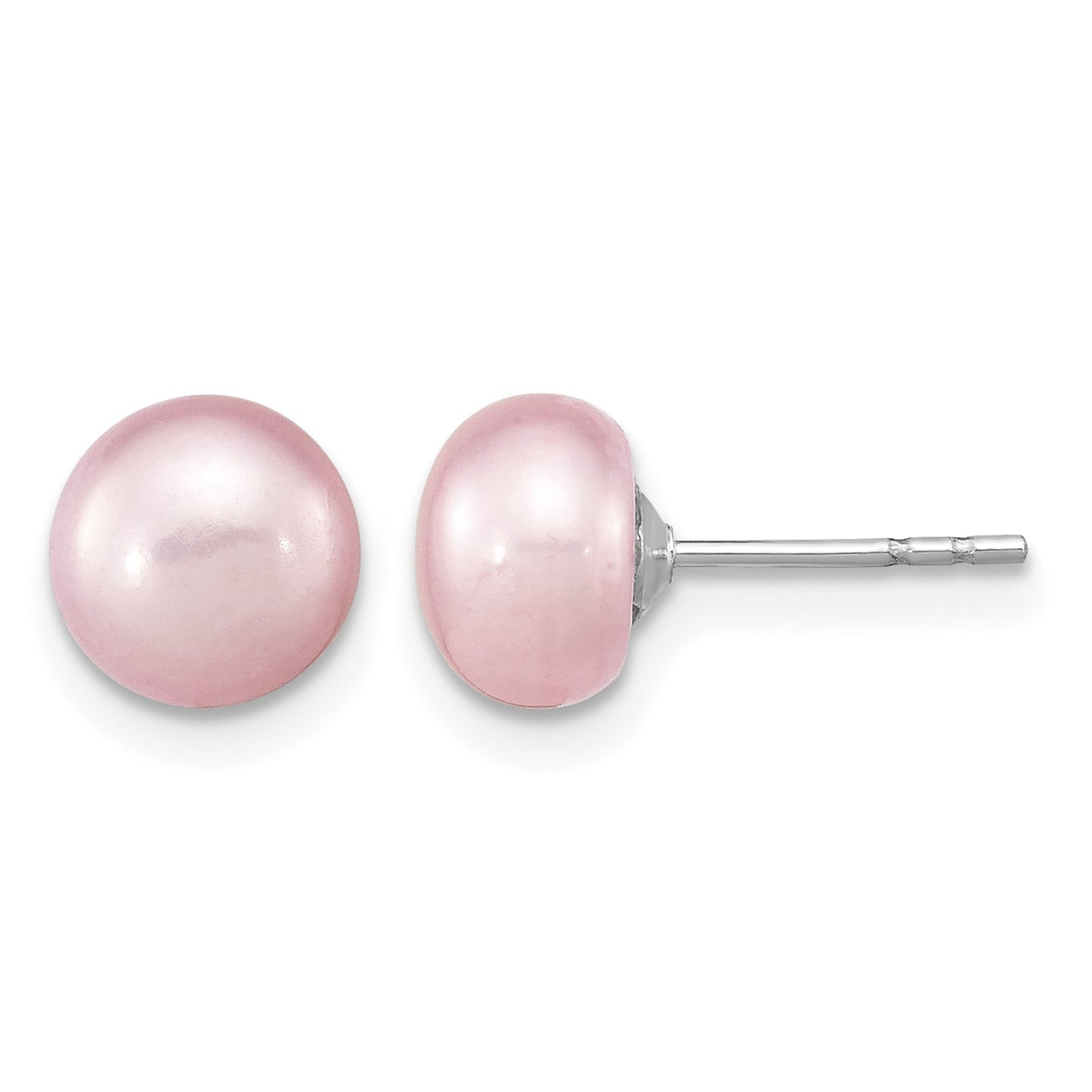 Sterling Silver Rhodium-plated 7-8mm Pink Near-Round Freshwater Cultured Pearl 18 inch Necklace, Stretch Bracelet and Button Post Earrings Set