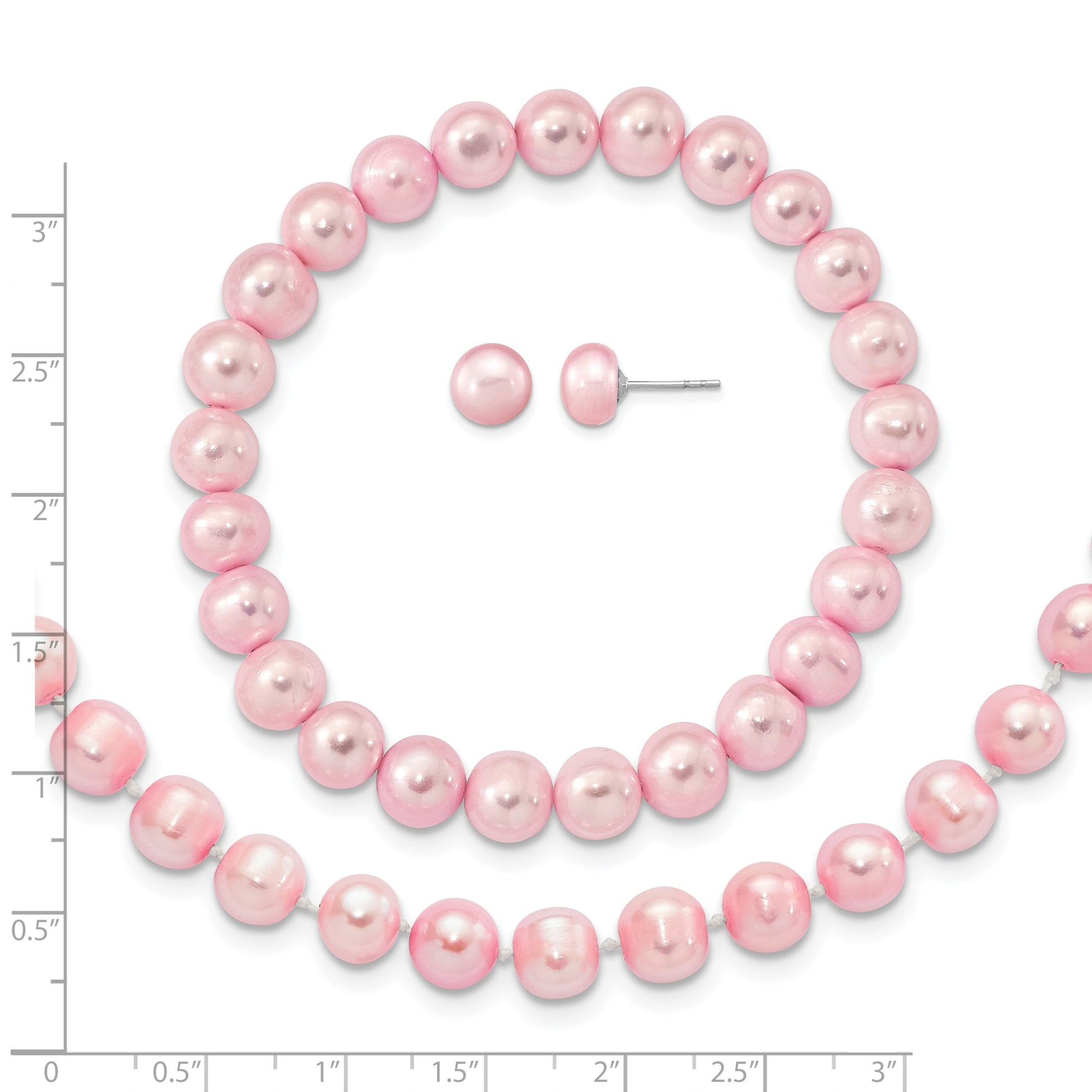 Sterling Silver Rhodium-plated 7-8mm Pink Near-Round Freshwater Cultured Pearl 18 inch Necklace, Stretch Bracelet and Button Post Earrings Set