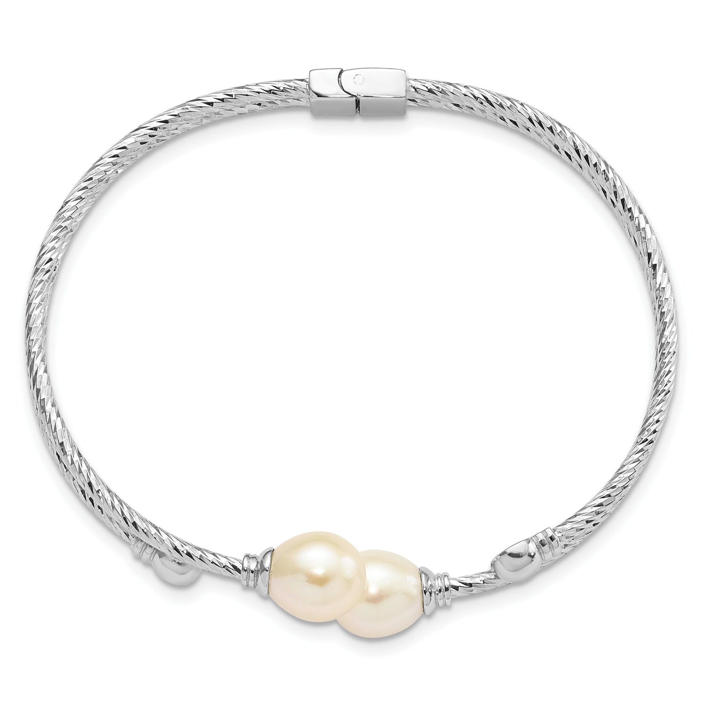 Sterling Silver Rhodium-plated White 8x10mm Teardrop Freshwater Cultured Pearl Hinged Bangle