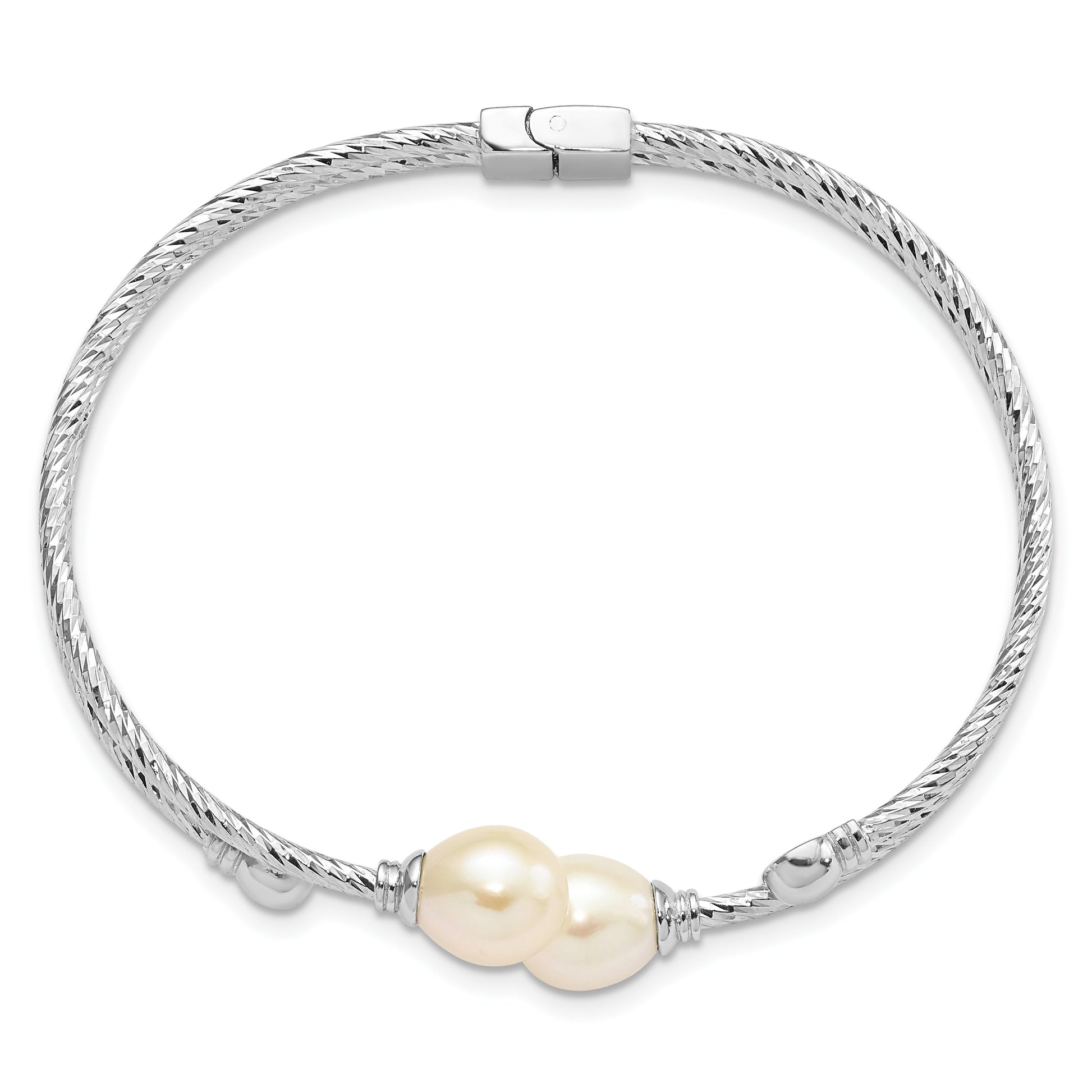 Sterling Silver Rhodium-plated White 8x10mm Teardrop Freshwater Cultured Pearl Hinged Bangle