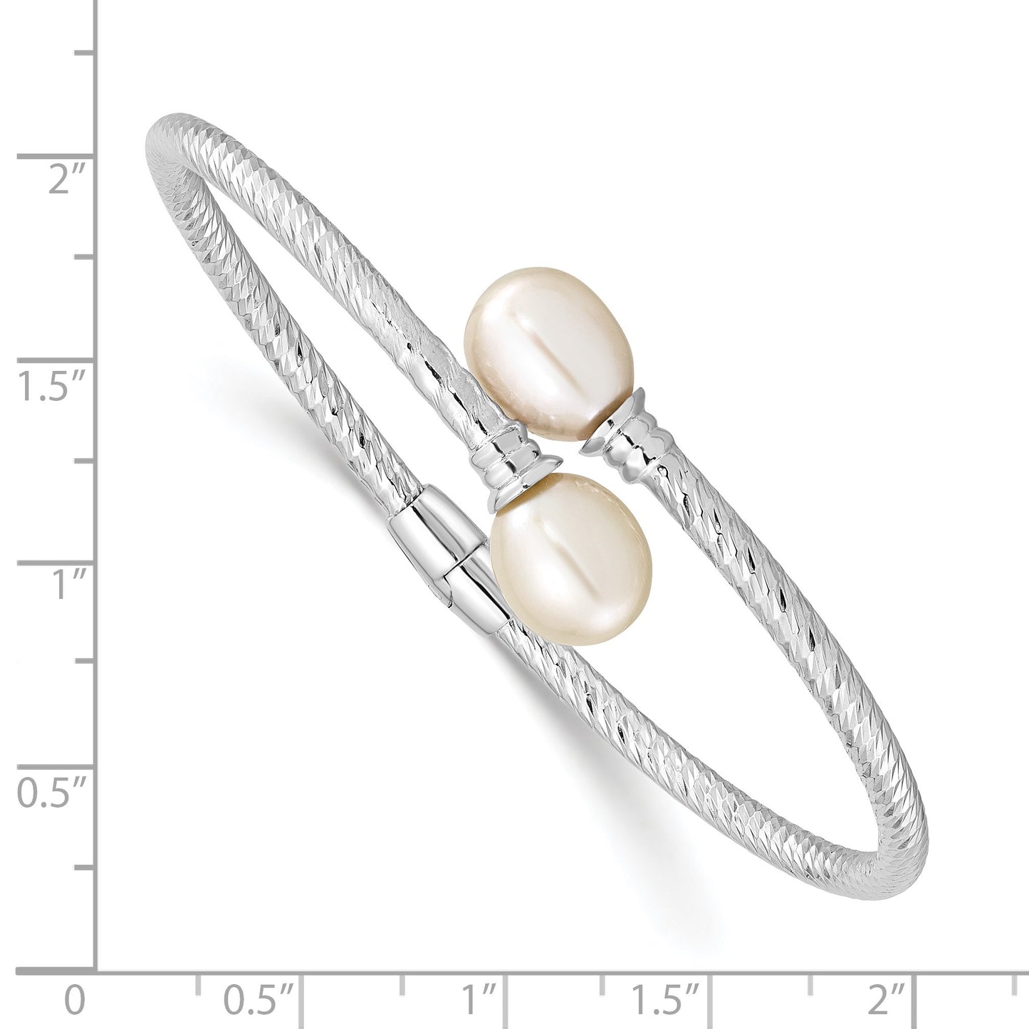 Sterling Silver Rhodium-plated 8-9mm White Rice Freshwater Cultured Pearl Hinged Bangle