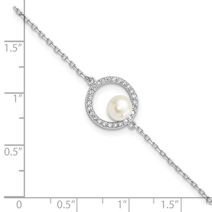 Sterling Silver Rhodium-plated 6-7mm White Button Freshwater Cultured Pearl and CZ 6.5 inch  with 1.25 inch Extension Bracelet