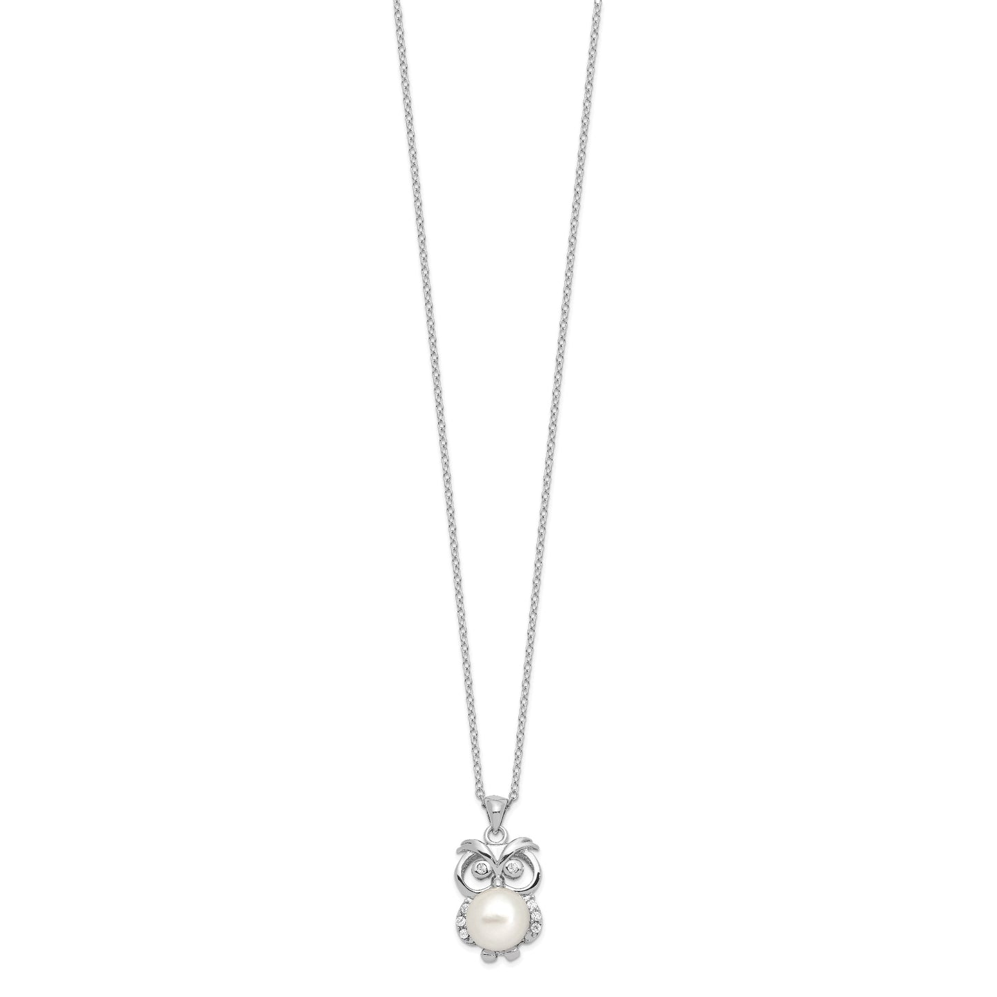 Sterling Silver Rhodium-plated 8-9mm White Button Freshwater Cultured Pearl and CZ Owl 17 inch Necklace