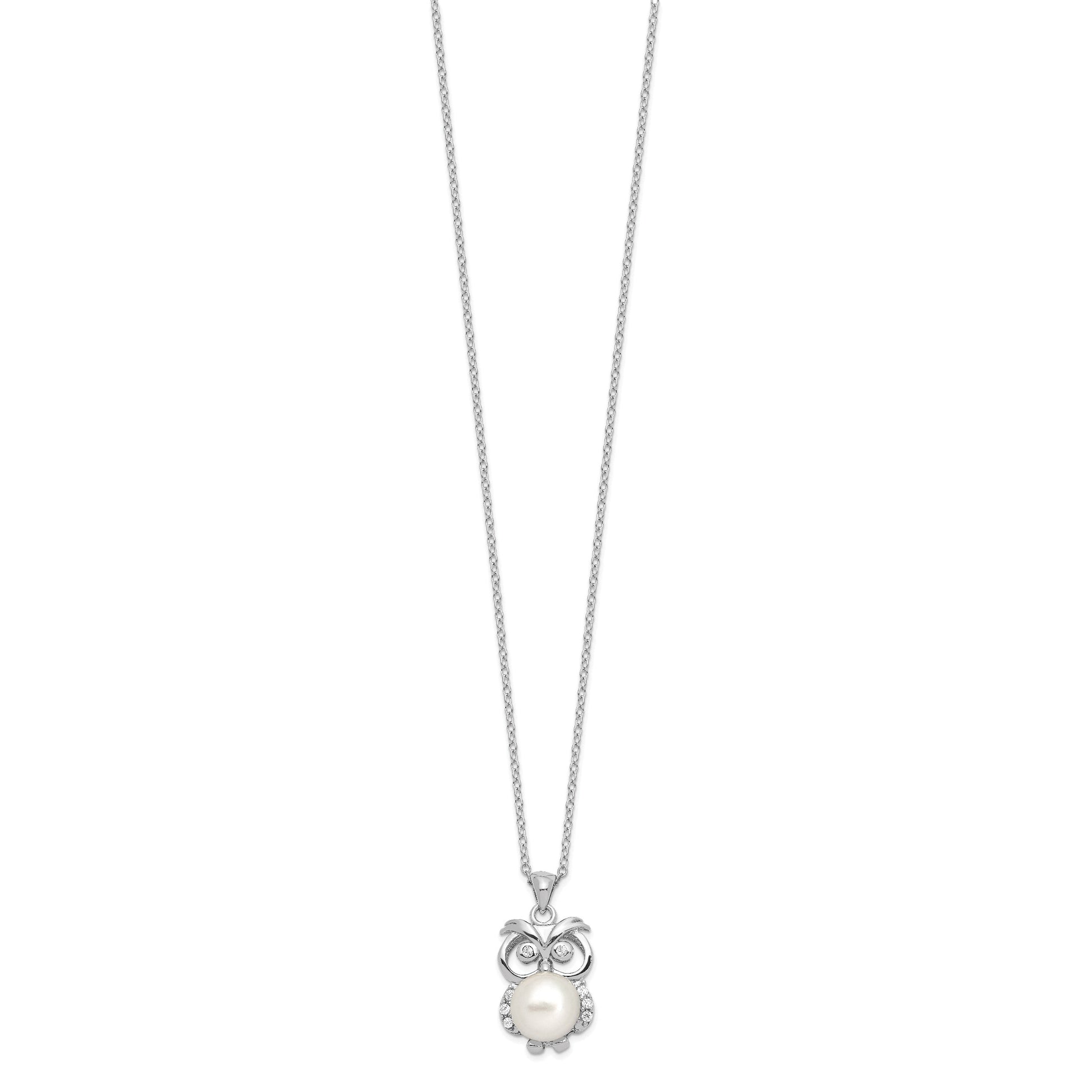 Sterling Silver Rhodium-plated 8-9mm White Button Freshwater Cultured Pearl and CZ Owl 17 inch Necklace