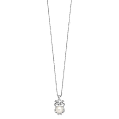 Sterling Silver Rhodium-plated 8-9mm White Button Freshwater Cultured Pearl and CZ Owl 17 inch Necklace