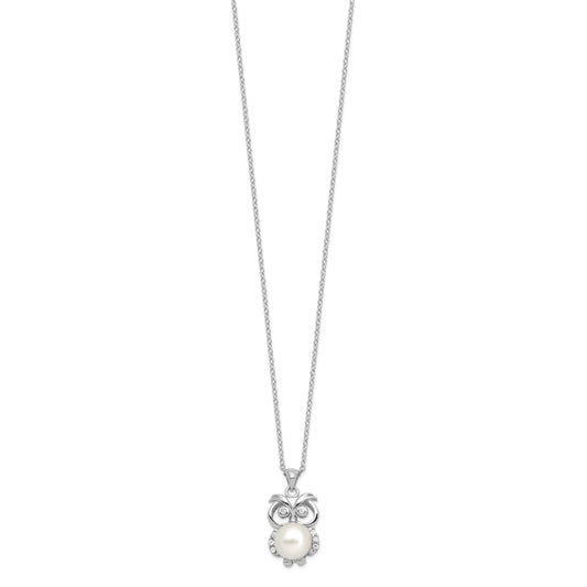 Sterling Silver Rhodium-plated 8-9mm White Button Freshwater Cultured Pearl and CZ Owl 17 inch Necklace