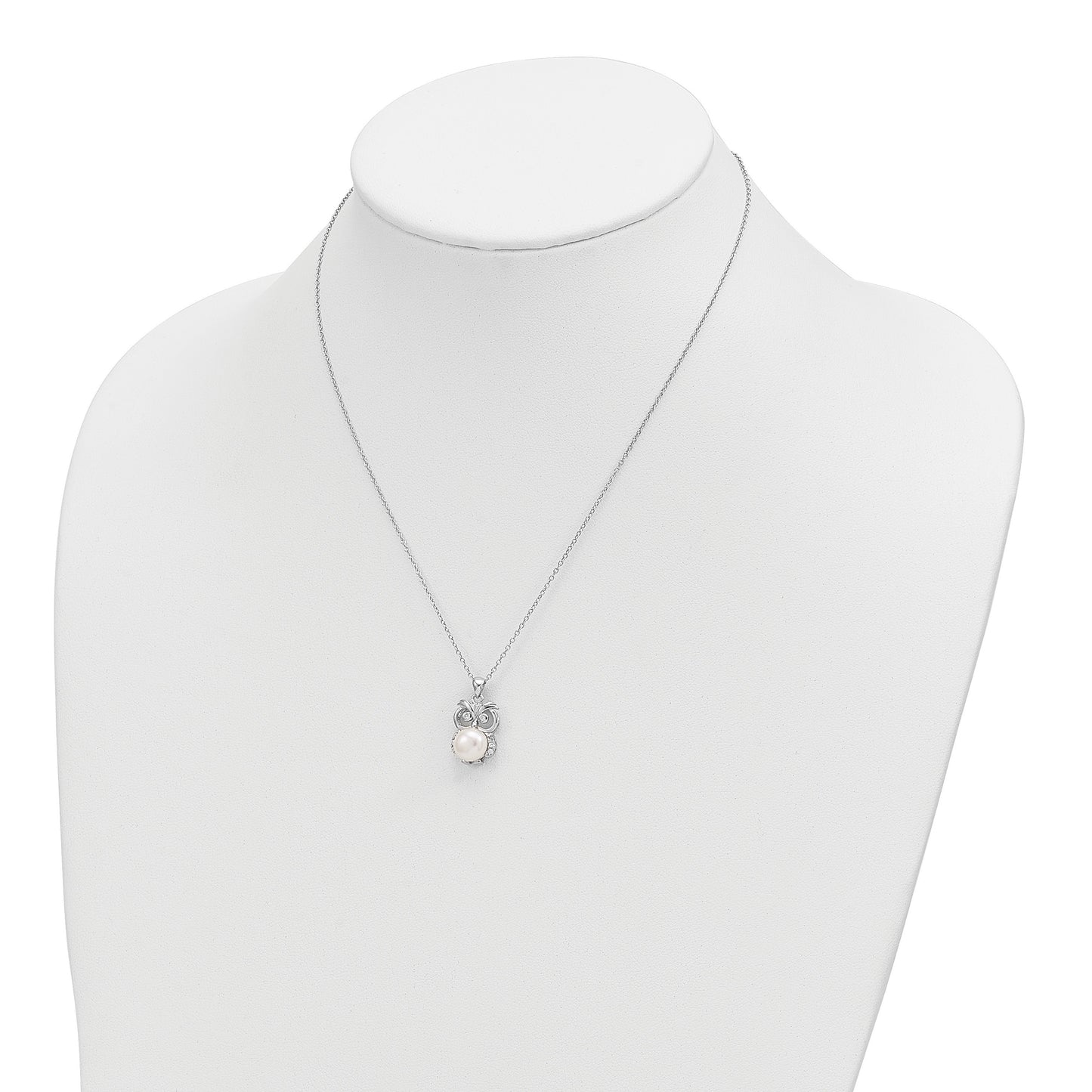 Sterling Silver Rhodium-plated 8-9mm White Button Freshwater Cultured Pearl and CZ Owl 17 inch Necklace