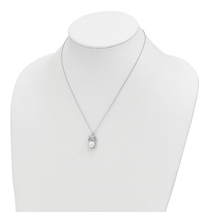 Sterling Silver Rhodium-plated 8-9mm White Button Freshwater Cultured Pearl and CZ Owl 17 inch Necklace