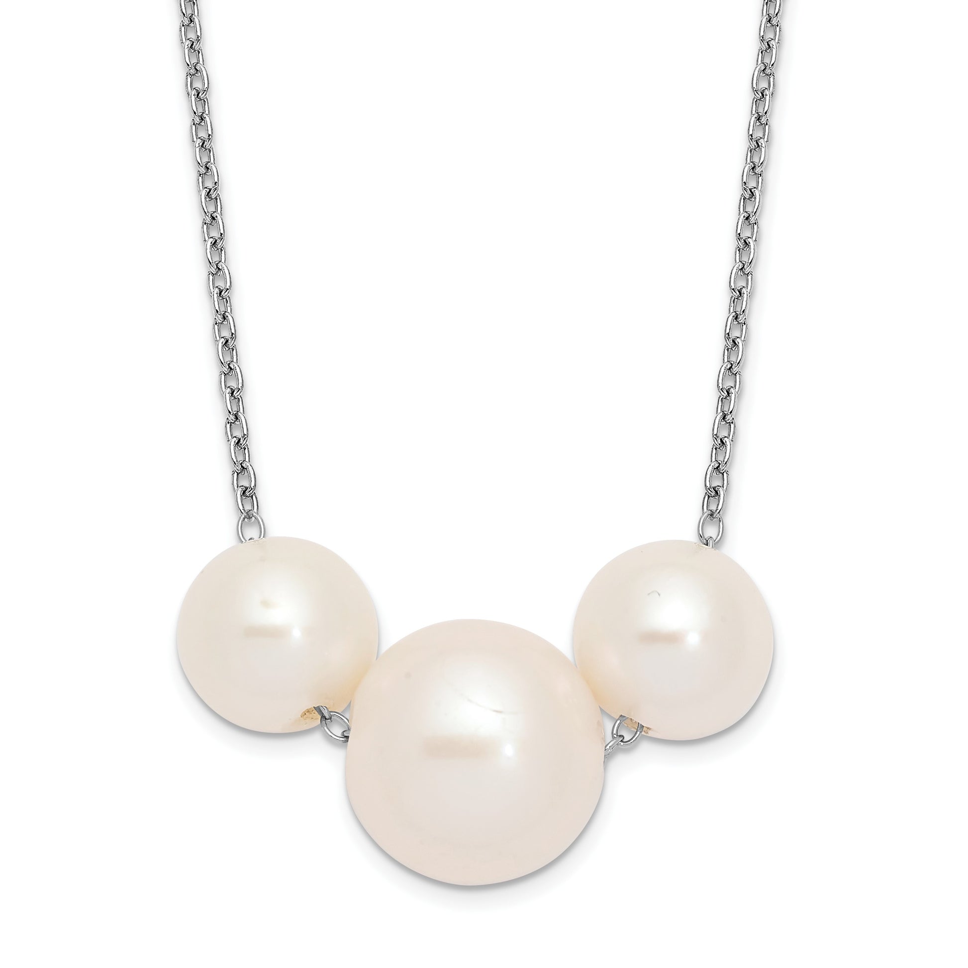 Sterling Silver Rhodium-plated 8-10mm White Near-Round Freshwater Cultured Pearl 17 inch Necklace