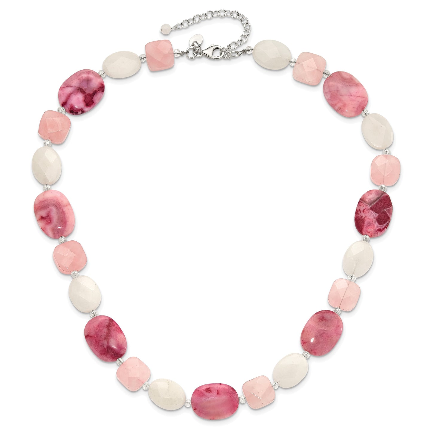 Sterling Silver Pink Agate/Quartz, Jade, Crystal w/2in ext Necklace