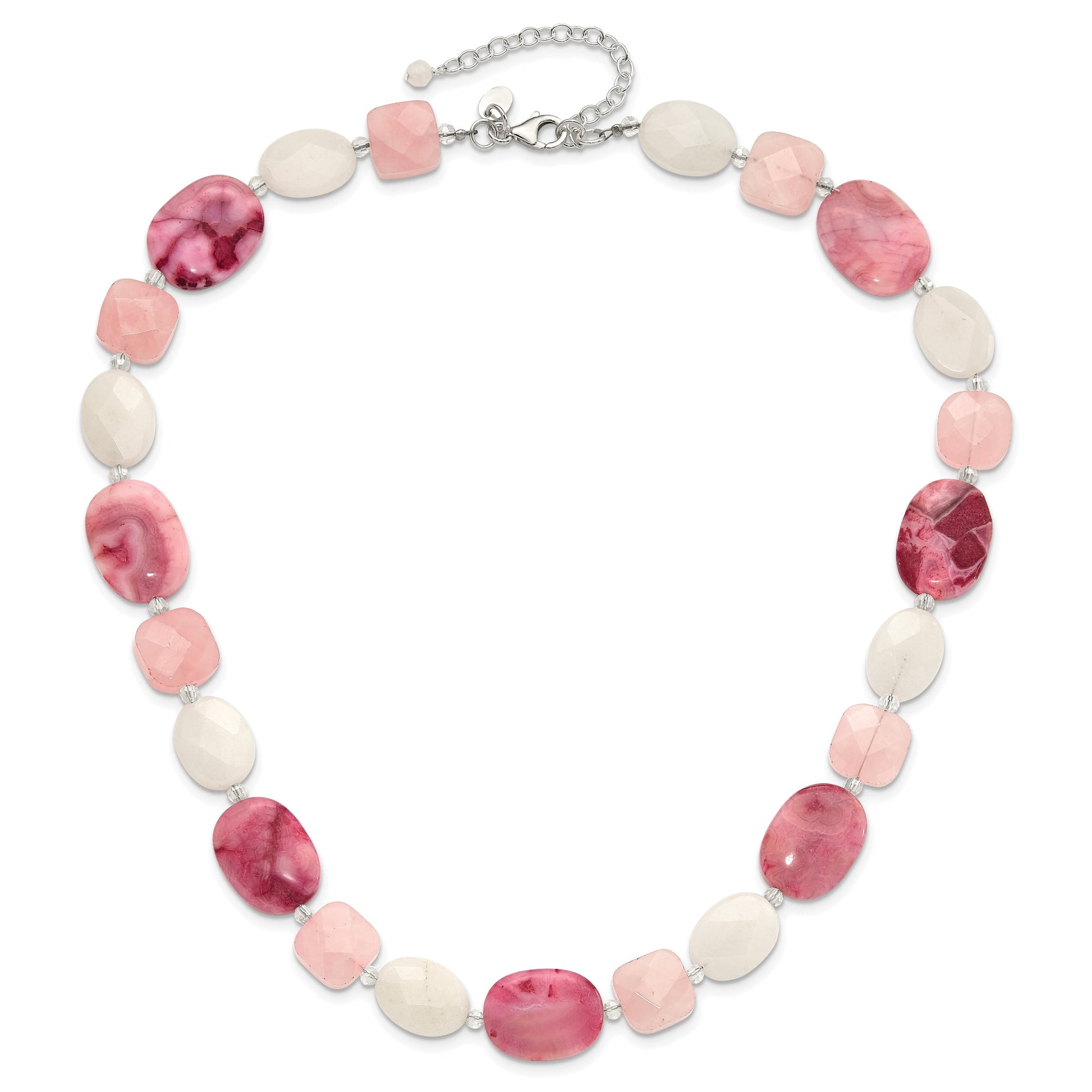 Sterling Silver Pink Agate/Quartz, Jade, Crystal w/2in ext Necklace