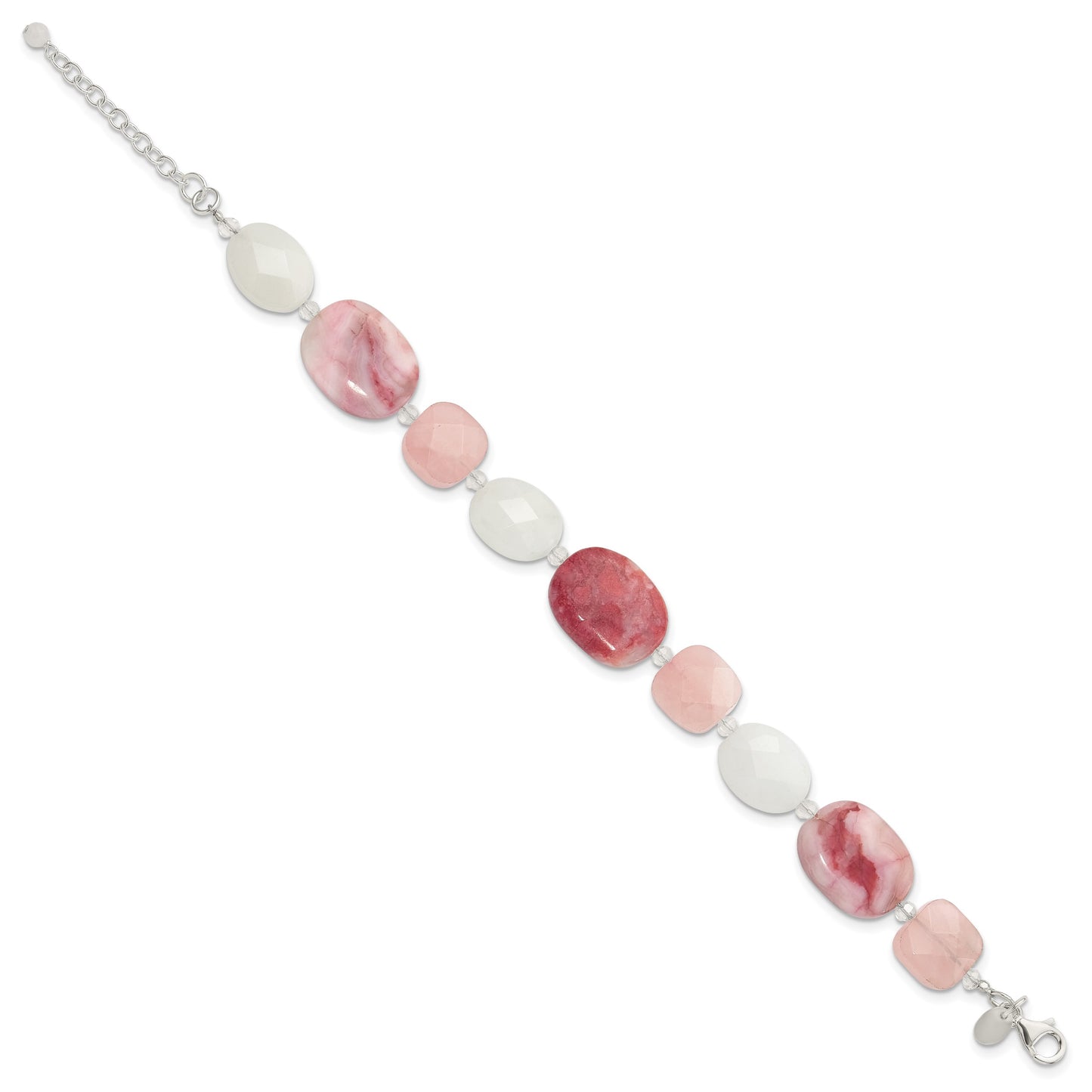 Sterling Silver Pink Agate/Quartz, Jade, Crystal w/1in ext Bracelet