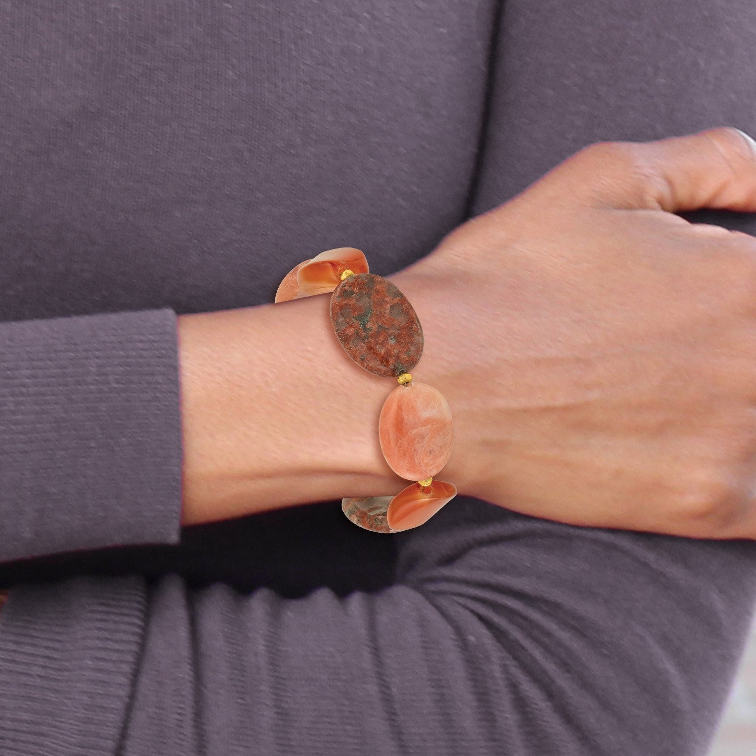Sterling Silver Gold-plated Aventurine/Carnelian/Jasper 1in ext Bracelet