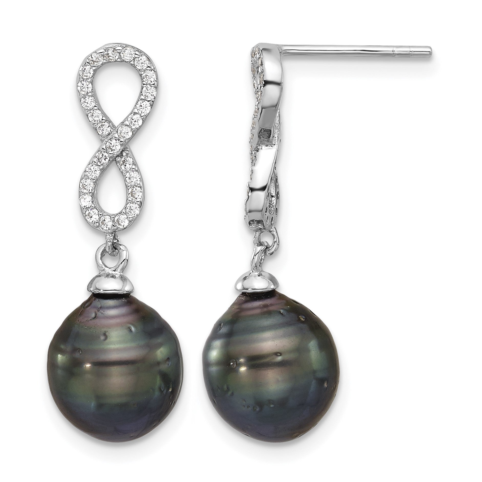 Sterling Silver Rhodium-plated 9-10mm Black Teardrop Tahitian Saltwater Cultured Pearl and CZ Infinity 16.75 inch Necklace and Post Dangle Earrings Set