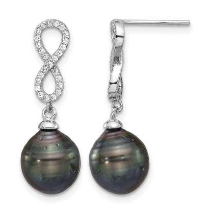 Sterling Silver Rhodium-plated 9-10mm Black Teardrop Tahitian Saltwater Cultured Pearl and CZ Infinity 16.75 inch Necklace and Post Dangle Earrings Set