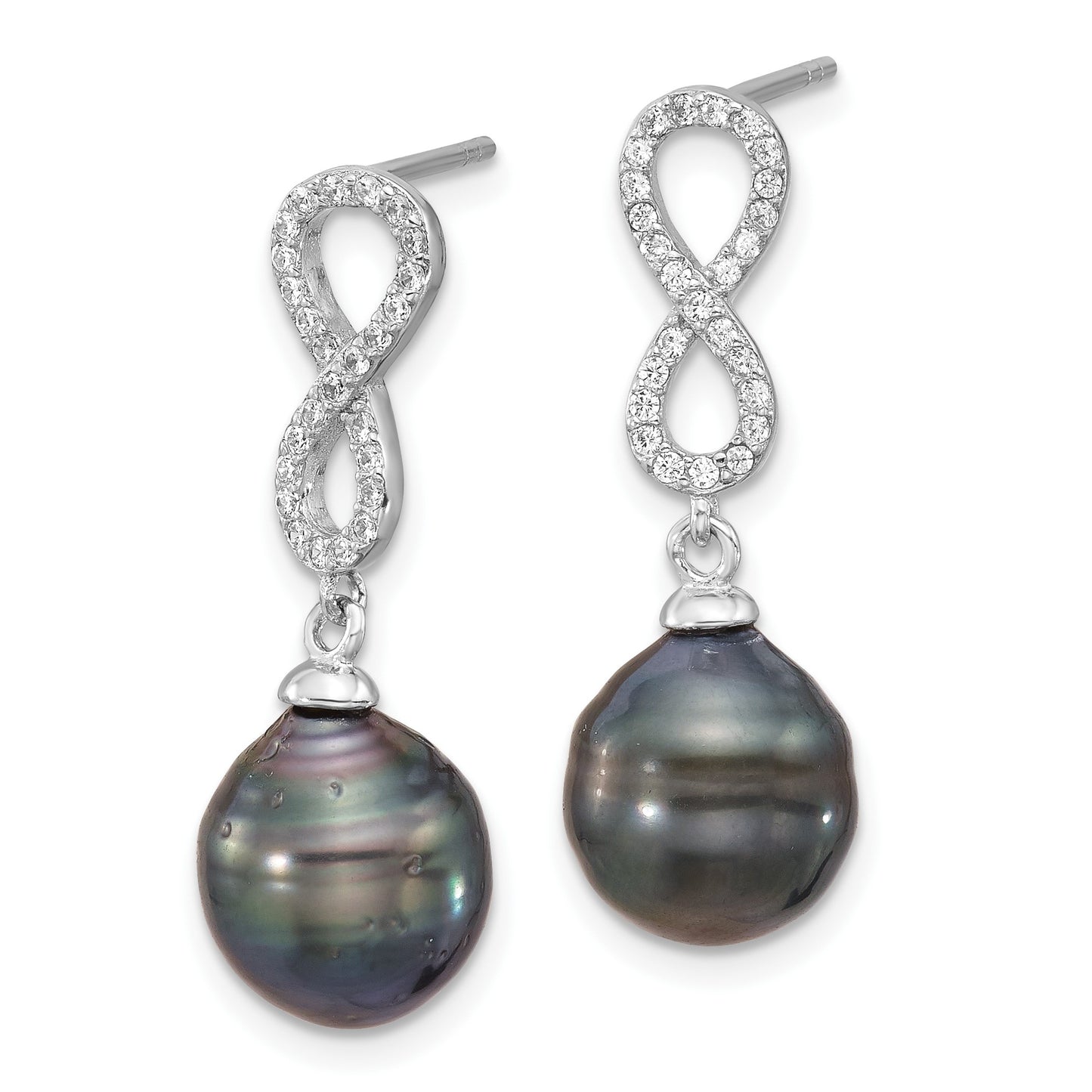 Sterling Silver Rhodium-plated 9-10mm Black Teardrop Tahitian Saltwater Cultured Pearl and CZ Infinity 16.75 inch Necklace and Post Dangle Earrings Set
