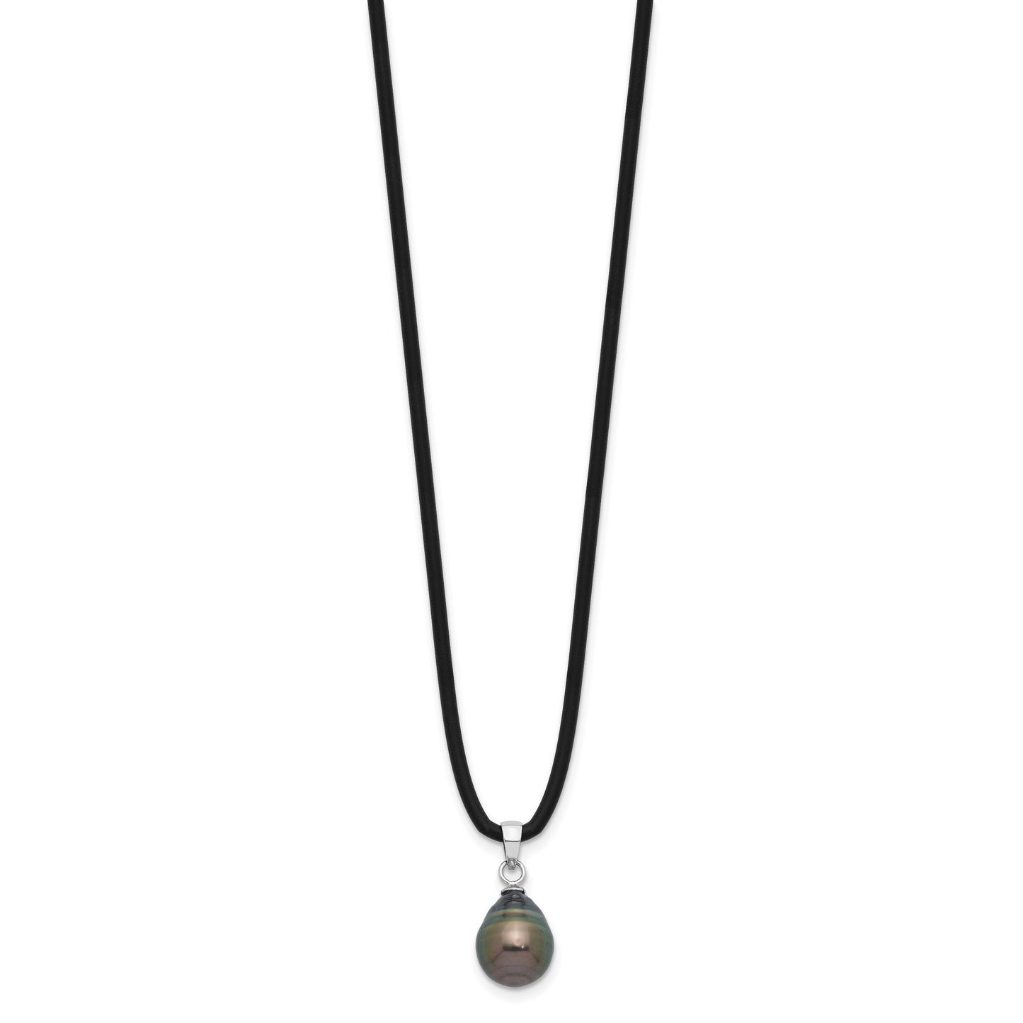 Sterling Silver Rhodium-plated 9-10mm Black Teardrop Tahitian Saltwater Cultured Pearl 18 inch Black Silicone Necklace