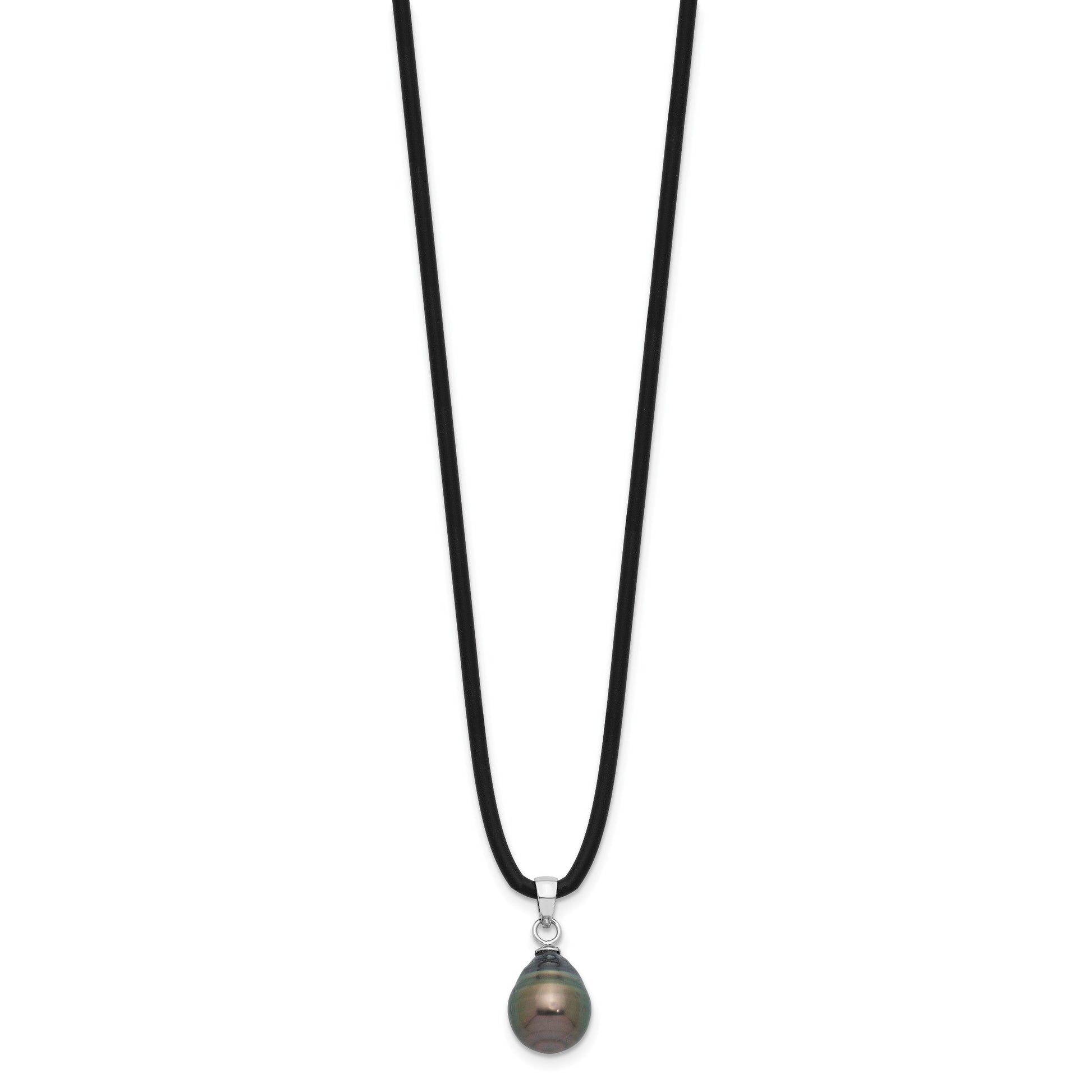 Sterling Silver Rhodium-plated 9-10mm Black Teardrop Tahitian Saltwater Cultured Pearl 18 inch Black Silicone Necklace