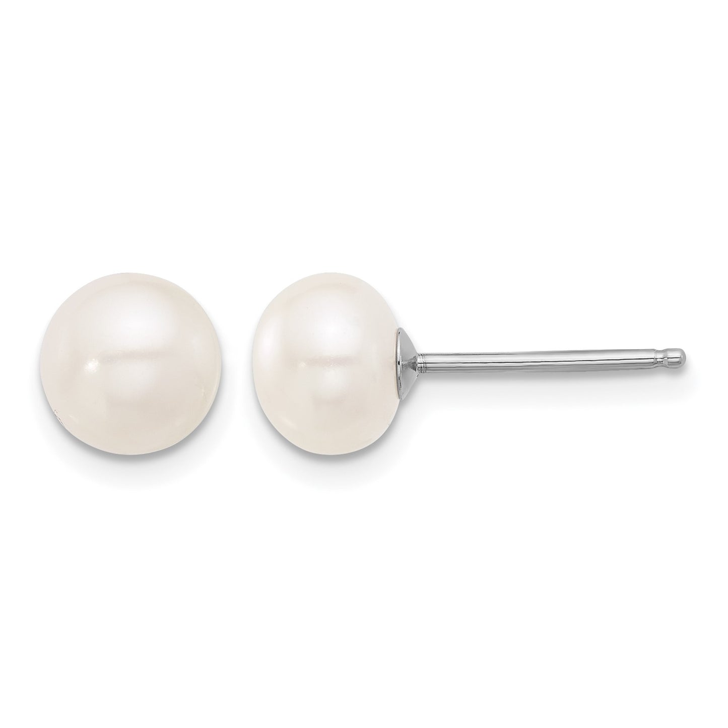 Sterling Silver Rhodium-plated 6-8mm White Near-Round Freshwater Cultured Pearl 18 inch Necklace and Post Earrings Set