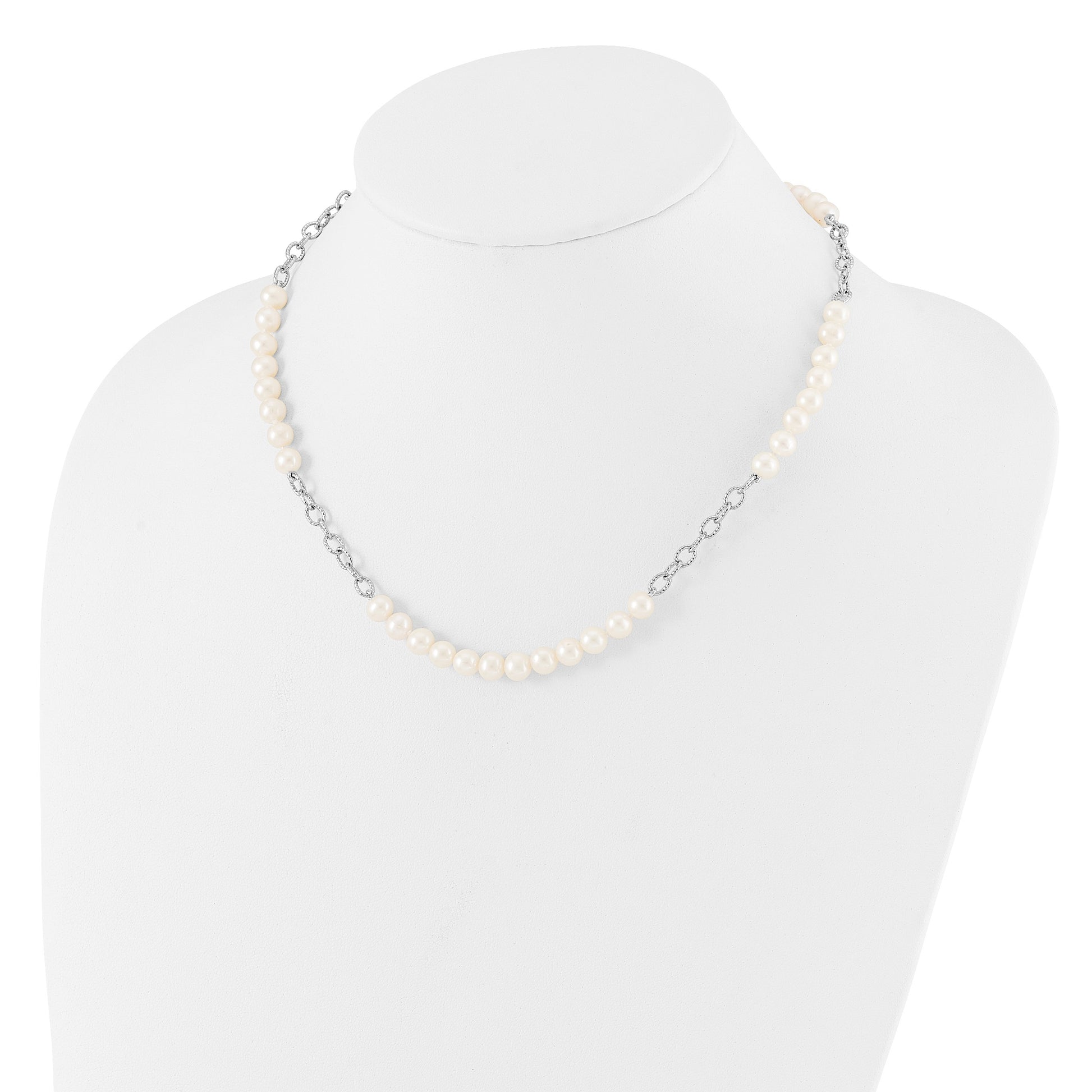 Sterling Silver Rhodium-plated 6-8mm White Near-Round Freshwater Cultured Pearl 18 inch Necklace and Post Earrings Set