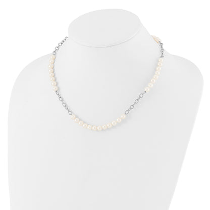 Sterling Silver Rhodium-plated 6-8mm White Near-Round Freshwater Cultured Pearl 18 inch Necklace and Post Earrings Set