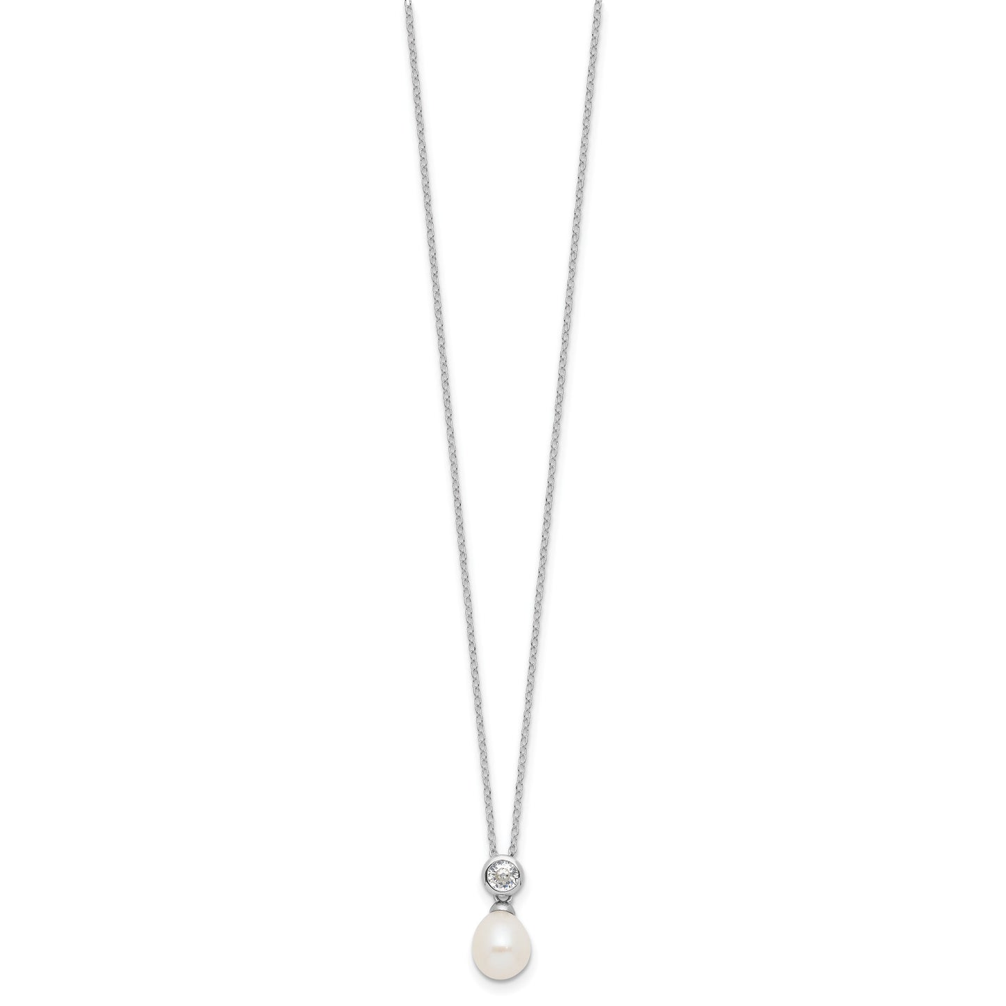 Sterling Silver Rhodium-plated 7-8mm White Rice Freshwater Cultured Pearl and CZ 17 inch Necklace