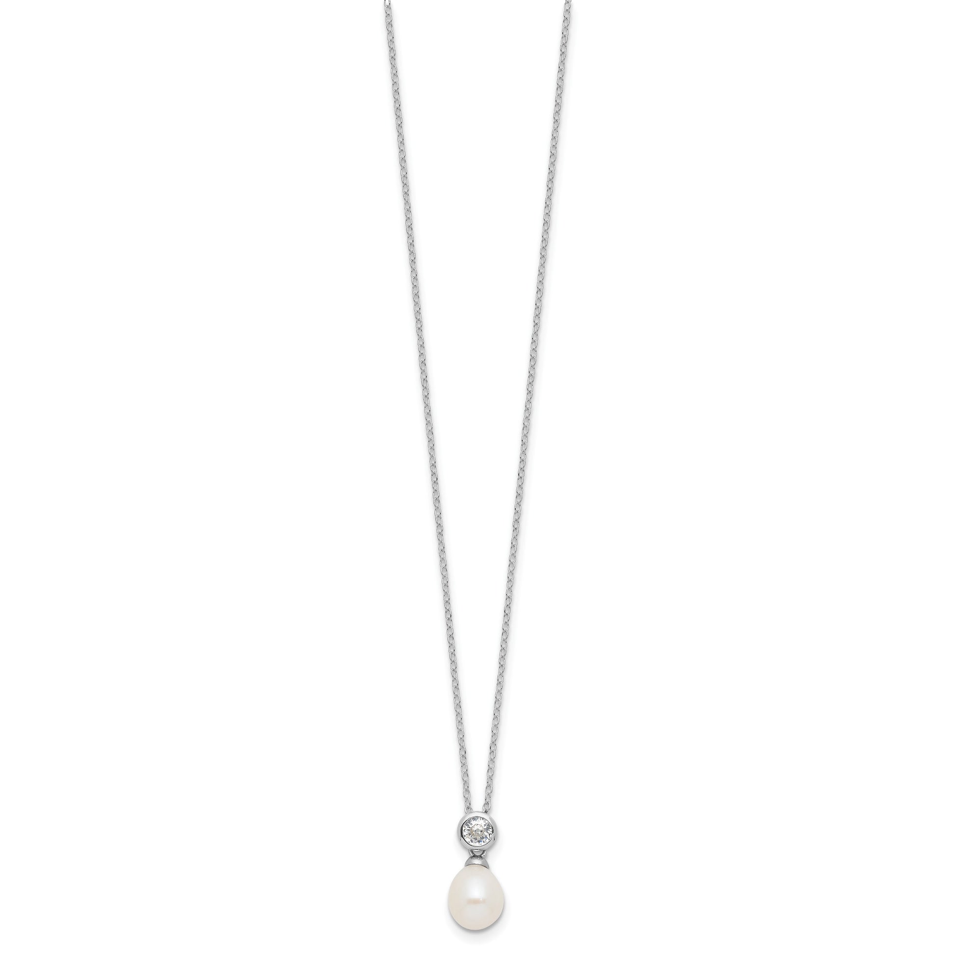 Sterling Silver Rhodium-plated 7-8mm White Rice Freshwater Cultured Pearl and CZ 17 inch Necklace