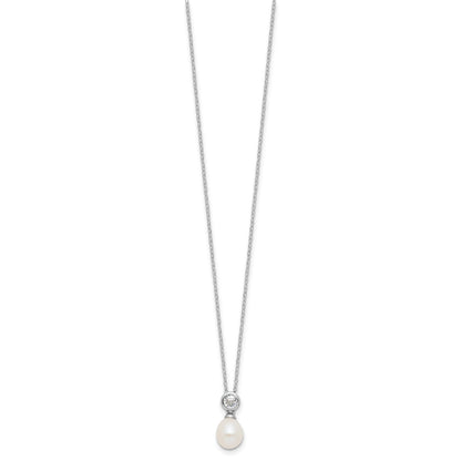 Sterling Silver Rhodium-plated 7-8mm White Rice Freshwater Cultured Pearl and CZ 17 inch Necklace