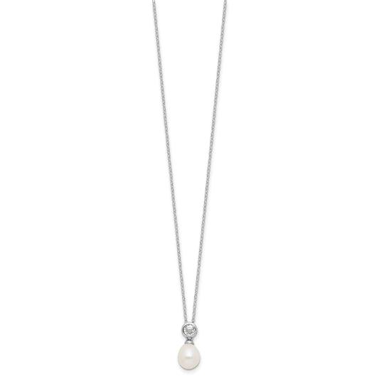 Sterling Silver Rhodium-plated 7-8mm White Rice Freshwater Cultured Pearl and CZ 17 inch Necklace