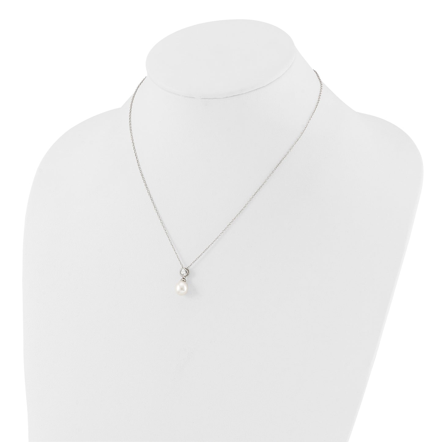 Sterling Silver Rhodium-plated 7-8mm White Rice Freshwater Cultured Pearl and CZ 17 inch Necklace