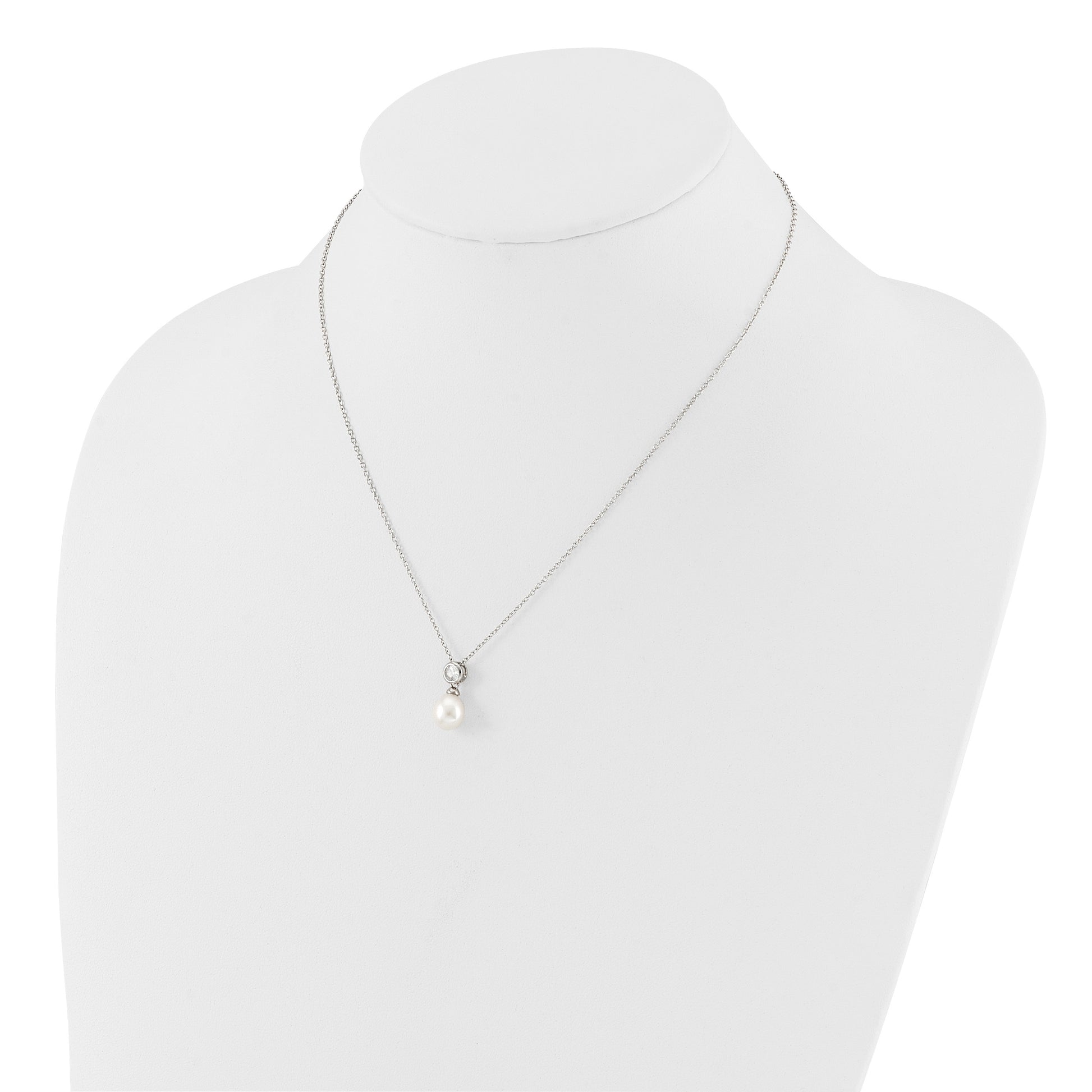Sterling Silver Rhodium-plated 7-8mm White Rice Freshwater Cultured Pearl and CZ 17 inch Necklace