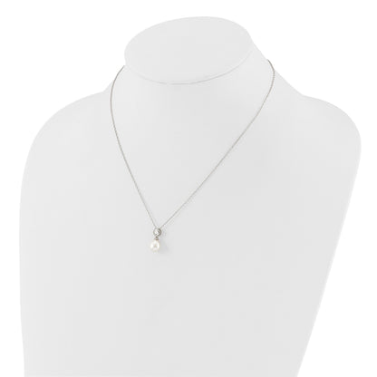 Sterling Silver Rhodium-plated 7-8mm White Rice Freshwater Cultured Pearl and CZ 17 inch Necklace