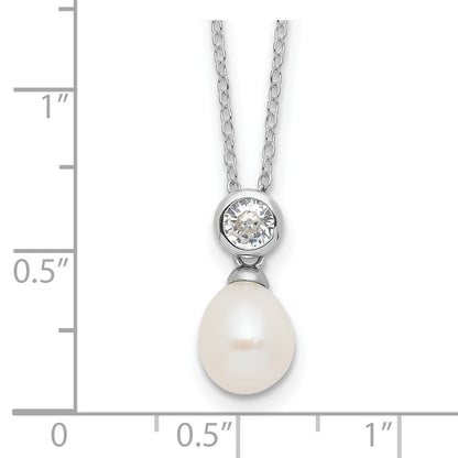 Sterling Silver Rhodium-plated 7-8mm White Rice Freshwater Cultured Pearl and CZ 17 inch Necklace