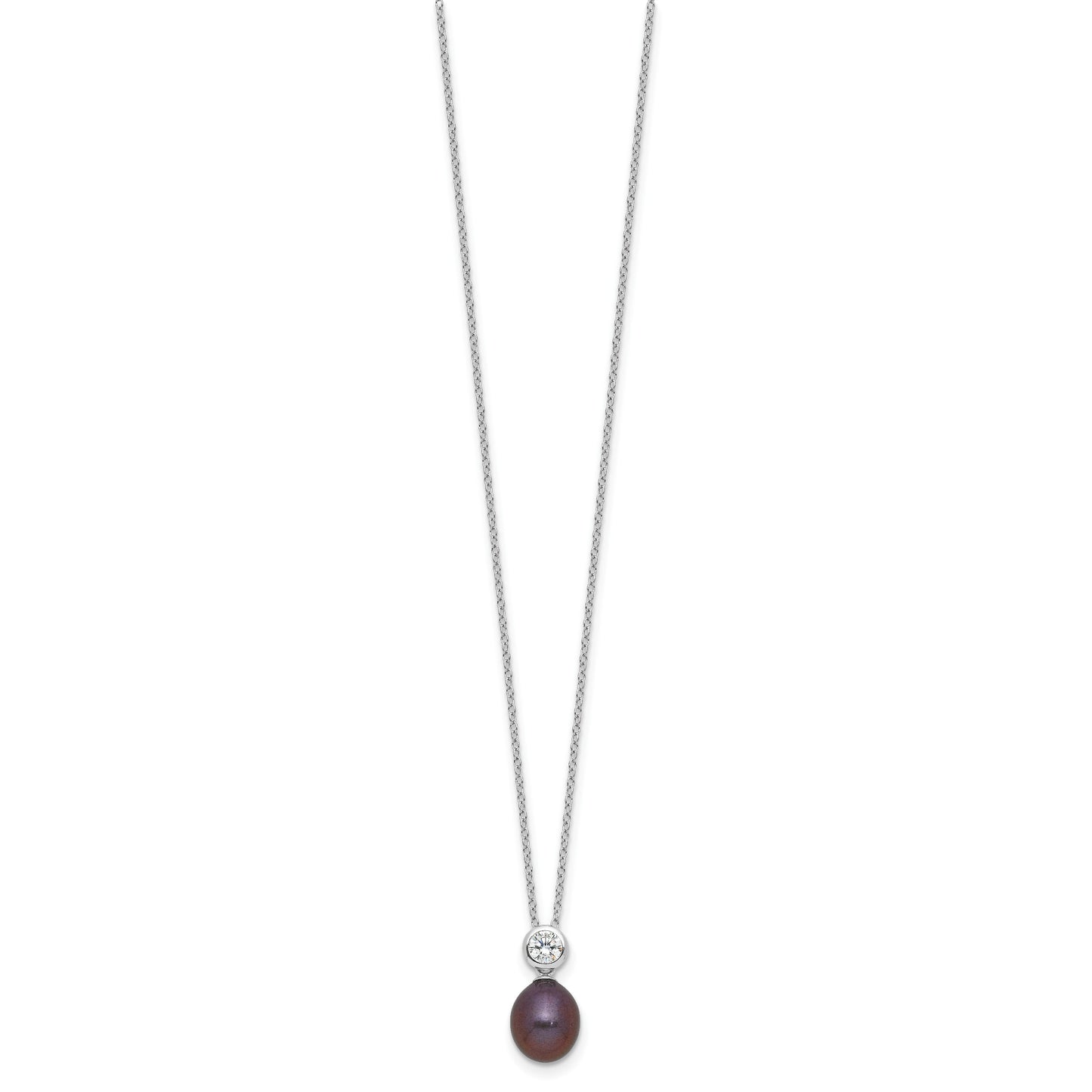 Sterling Silver Rhodium-plated 7-8mm Black Rice Freshwater Cultured Pearl and CZ 17 inch Necklace